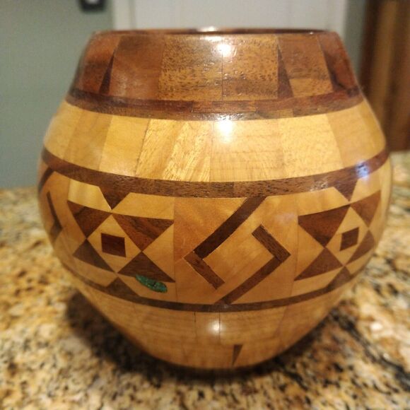 Wooden Turquoise Segmented Hand Crafted & Turned Round Bowl Artist Signed 3.5" - Picture 4 of 9